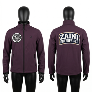Veste softshell pour homme, qualité supérieure, 340 GSM, polyester et élasthanne, résistante à l'eau, couleur prune, logo brodé en chenille personnalisé - Product Image 1