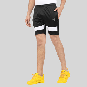 Black Solid Quick Dry Men's Gym Shorts Mid Waist Elastic Waist <b>Athletic</b> Training Shorts with Side Pocket Polyester/Cotton - Product Image 6