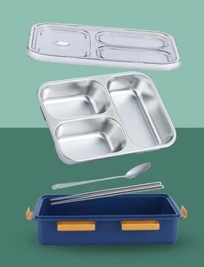 Boîte à lunch en acier inoxydable à 3 compartiments, conteneur bento détachable avec base bleue et ustensiles, récipient alimentaire réutilisable - Product Image 1