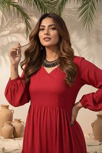 Robe évasée en soie rouge fantaisie, col en V, manches bouffantes, longueur normale, entièrement cousue, couleur unie, élégante, pour soirée occidentale - Product Image 5