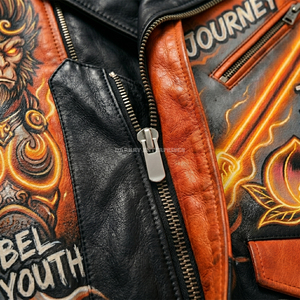 Blouson en cuir orange personnalisé pour homme, motif graphique Sun Wukong, veste de moto, streetwear Roi Singe, vente en gros - Product Image 6