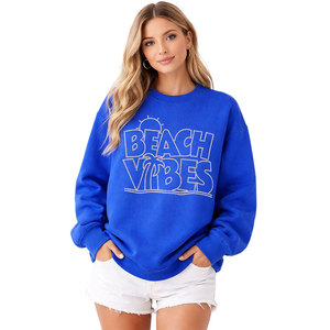 Sweat-shirt bleu décontracté pour femmes, nouveau style, avec logo graphique en strass « BEACH VIBES », coupe ample, col ras du cou, vêtements d'automne et d'hiver - Product Image 1