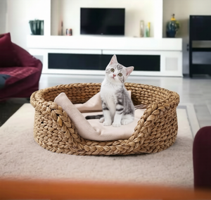 Buff Round Bamboo Handcrafted 100% Cotton Soft Woven Minimalist Modern Cat <b>Bed</b> Indoor Space-Saving <b>Storage</b> Basket 4-5L - Product Image 4