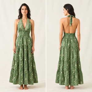 Women's Green Geometric Print Halter Maxi <b>Dress</b> Sleeveless V Neck Tiered African Style Summer Long Gown - Product Image 4