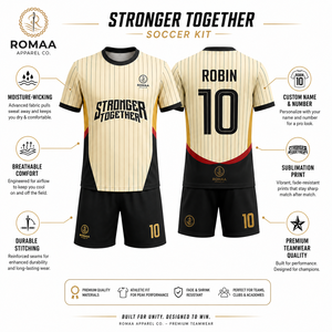 ชุดฟุตบอลสีดำทองแดงลายทางแบบกำหนดเอง เสื้อเจอร์ซีย์ กางเกงขาสั้น คอวี ชุดทีมพิมพ์ลายแบบ Sublimation โรงงาน OEM คุณภาพพรีเมียม - Product Image 4