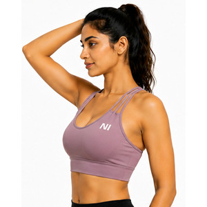 Women Seamless Sports Bra Crisscross Straps Scoop Neck Medium Support Breathable Fitness Workout Top Solid Color Front Logo - Product Image 1