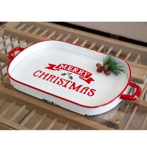 Plateaux de service artisanaux décoratifs de Noël, rectangulaires, motif Mistletoe Kisses, flocons de neige rouges, design avec poignées de Noël - Product Image 3