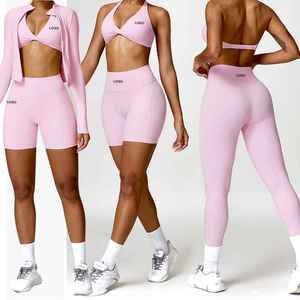 Conjunto Deportivo Fiess de 4 Piezas: Sujetador Deportivo de Alta Sujeción, Transpirable y de Secado Rápido, Leggings de Spandex/Nylon, Chaqueta con Cremallera Frontal y Efecto Scrunch Butt para Gimnasio - Product Image 3