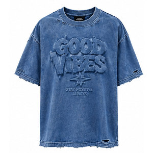 T-shirt pour homme à manches courtes, style streetwear hip hop, surdimensionné, effet usé, 100% coton, vintage, légèrement délavé, impression en relief, couleur bleue - Product Image 1