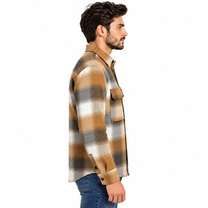 Chemise en flanelle à carreaux marron pour homme, manches longues, boutonnée, avec poches poitrine - Product Image 4