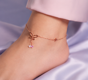 Chevillère Papillon en Argent Sterling 925 Plaqué Or Rose avec Breloque en Cristal CZ pour Femme, Bijou de Pied Ajustable et Tendance - Product Image 4