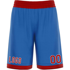 Shorts de basket-ball bleus pour hommes avec bordure rouge, logo et numéro 00 imprimés par sublimation, design sportif en maille respirante - Product Image 1