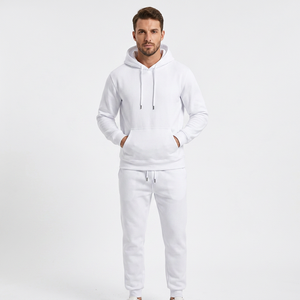 Unisex <b>White</b> Hooded Sweatshirt <b>Jogger</b> Set 100% Cotton Solid Color Casual Full Length Breathable Tracksuit for Adults - Product Image 3