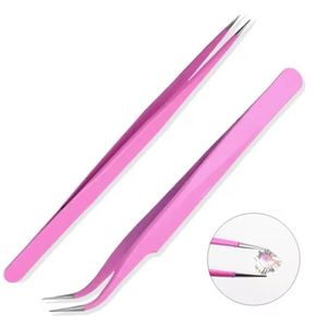 Juego de pinzas de acero inoxidable, pinzas rectas antiestáticas de color rosa para cejas y pestañas, herramienta de cocina multifuncional, 2 uds. - Product Image 1