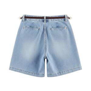 Shorts de Mezclilla Azul Cielo Plisados de Talle Alto con Cinturón, Culottes Anchos de Jean para Mujer, Atuendo de Verano para Vacaciones - Product Image 2
