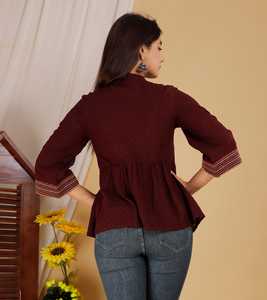 Top Peplum Bordado Color Granate para Mujer, Túnica Étnica Informal con Botones Delanteros y Dobladillo Acampanado para Jeans - Product Image 3