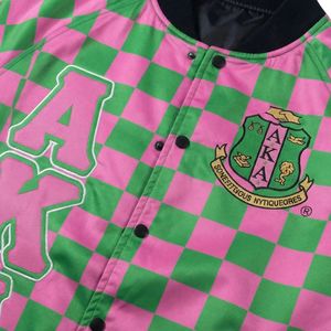 Women's Pink Green <b>Checkered</b> Bomber <b>Jacket</b> with Embroidery Printed Letters Graphic Varsity Design Breathable Casual Outerwear - Product Image 6