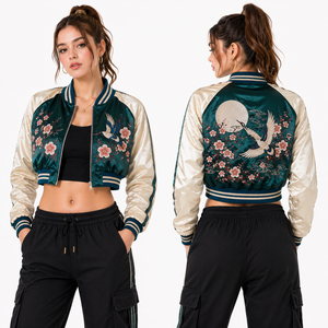 Chaqueta Bomber Corta de Satén Personalizada para Mujer con Bordado Floral y Ribete Acanalado, Venta al por Mayor, Marca Privada, Producción a Granel, MOQ Bajo - Product Image 6