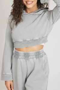 Conjunto de chándal 2 en 1 para mujer, de invierno, liso o estampado, 100% algodón polar, estilo urbano, ecológico, con sudadera corta y capucha, lavado ácido y efecto desgastado por el sol - Product Image 3