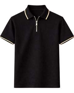 Polo à col zippé noir personnalisé pour homme, manches courtes, col contrastant, vêtements de golf décontractés, mélange de coton, fabricant sur mesure - Product Image 1