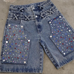 Pantalones Cortos Cargo de Mezclilla Rectos para Hombre, Estilo Desgastado, con Bolsillos 3D, Cinturón con Diamantes, Estilo Urbano, para Verano, Cintura Media, de Algodón, para Gimnasio y Running - Product Image 6