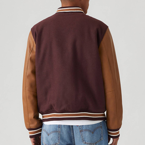 Men's <b>Maroon</b> Varsity Jacket With Brown PU Leather Sleeves Zipper Front Casual Bomber <b>Coat</b> Autumn Wear - Product Image 4