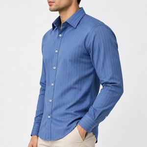 Chemise habillée décontractée tricotée à manches longues unie pour homme, col montant, 100 % coton, boutons en corne, infroissable, collection printemps - Product Image 6