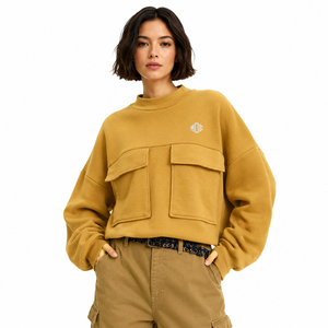 Golden Yellow Women's Cotton Fleece Cropped Sweatshirt Mock Neck Utility Pocket Oversized Streetwear Hoodies Custom Logo - Product Image 1