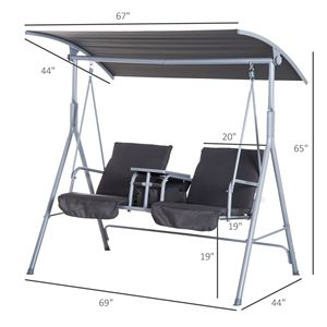 Outdoor Gray Porch Swing for 2 with Adjustable Canopy Metal Table & Cup Holders Waterproof <b>Cushions</b> and Anti-Slip <b>Pads</b> - Product Image 3