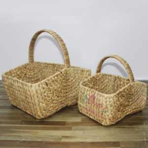 Panier en jacinthe d'eau fait main, rustique et écologique, avec poignées hautes, pour pique-nique et rangement, emboîtable - Product Image 1