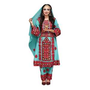 Robe en mousseline de soie brodée turquoise avec motif géométrique, style bohème, manches longues, coupe ample, longueur cheville pour femme - Product Image 2