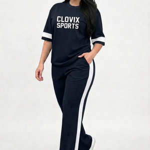 High Quality Solid Colour Custom Logo Women Streetwear Short Sleeve Tshirt Wide Leg Pants 2Piece Set Breathable Summer Wear OEM - Product Image 1