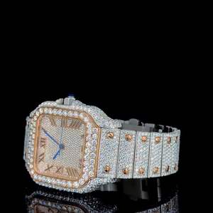 Montre de luxe pour homme, cadran carré bicolore, entièrement pavée de diamants CZ, style Hip Hop, bracelet en acier inoxydable avec chiffres romains - Product Image 1