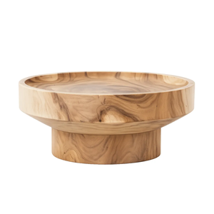 Minimalist Japandi Solid Suar <b>Wood</b> <b>Round</b> <b>Coffee</b> <b>Table</b> Tray Top Raised Edge Pedestal Handmade Natural Grain Furniture - Product Image 2