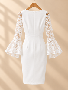 Elegant White V-Neck Pencil <b>Dress</b> With Lace <b>Bell</b> <b>Sleeves</b> Knee-Length Fitted Summer Party <b>Dress</b> - Product Image 3