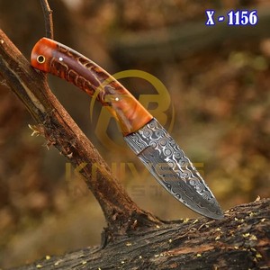 Cuchillo de Caza de Hoja Fija de Acero de Damasco, Punta Caída, Borde Recto, Mango de Madera, Funda de Cuero, Cuchillo para Acampar al Aire Libre - Product Image 4