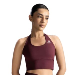 Soutien-gorge de sport halter pour femme bordeaux, sans manches, coupe courte, ajusté et extensible, idéal pour la gym, le yoga, la course et l'entraînement - Product Image 6