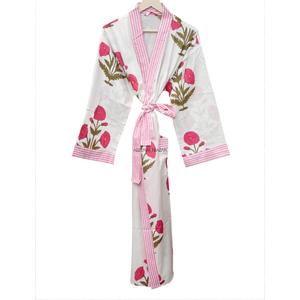 Robe Kimono Longue en Coton Écologique 100% pour Femme, Motif Floral sur le Devant, Col en V, Manches Longues, Vêtement de Nuit Décontracté, Peignoir Blanc Rose - Product Image 5