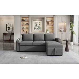 Divano letto componibile a L da 83,5 pollici con ampio spazio contenitore, due portabicchieri e due porte USB, per soggiorno - Product Image 3