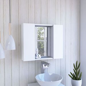 Gabinete de Medicamentos con Espejo de Doble Puerta y Acabado Blanco, con Espejo y Estante Externo Individual para Baño - Product Image 1