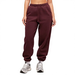 Women's Burgundy Fleece 100% Cotton Wide Leg <b>Harem</b> Pants Mid Waist Drawstring Loose Fit Ankle-Length Solid Color Casual - Product Image 3