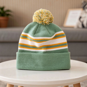 New Children Knitted Hat Fashion Kids <b>Red</b> White Green Striped Acrylic Cold Beanie Fur Ball Travel Beach Birlag Sports - Product Image 3