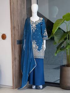 Premium Roman Silk Embroidered Top With Palazzo And Nazmeen Sequence Dupatta Ethnic Wear Set For Women Fashion - Product Image 5