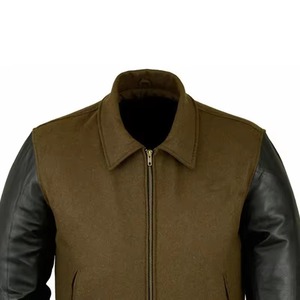 Blouson bomber en laine verte pour homme, manches en cuir, col rabattu, coupe classique, veste de sport pour l'automne et l'hiver - Product Image 6
