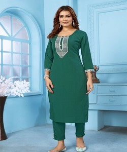 Green Cotton <b>Kurta</b> With Neckline And Sleeves <b>Women</b> Traditional Casual Wear India Pakistan Ankle-Length Regular Fit SALASAR 85317 - Product Image 1