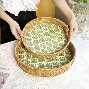 Vintage Boho Rattan Round Tray <b>Table</b> Decor Mother of Pearl Serving Tray Home Hotel Supplies Food Tray - Product Image 1