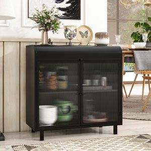Aparador Moderno con Tapa Abatible, Puertas de Vidrio Templado Figurado, Estantes Interiores, Marco Metálico, Consola de Almacenamiento para Sala de Estar - Product Image 3