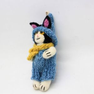 Knitted Cat Doll Christmas Decoration Cartoon Blue With Yellow Scarf Handmade Ornament - Product Image 3