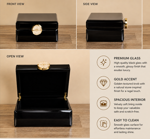 Black Glass Jewelry Storage Box with <b>Gold</b> Accent Natural Stone Knob Velvet Interior Decorative Keepsake and Vanity Organizer - Product Image 5