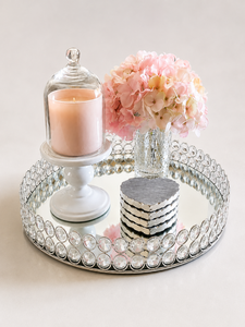 Round Crystal <b>Mirror</b> Decorative Tray <b>Silver</b> Serving Plate for Wedding Party Table Decor - Product Image 6